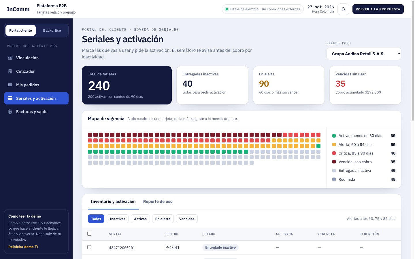 Vista de seriales y activación en el portal del cliente